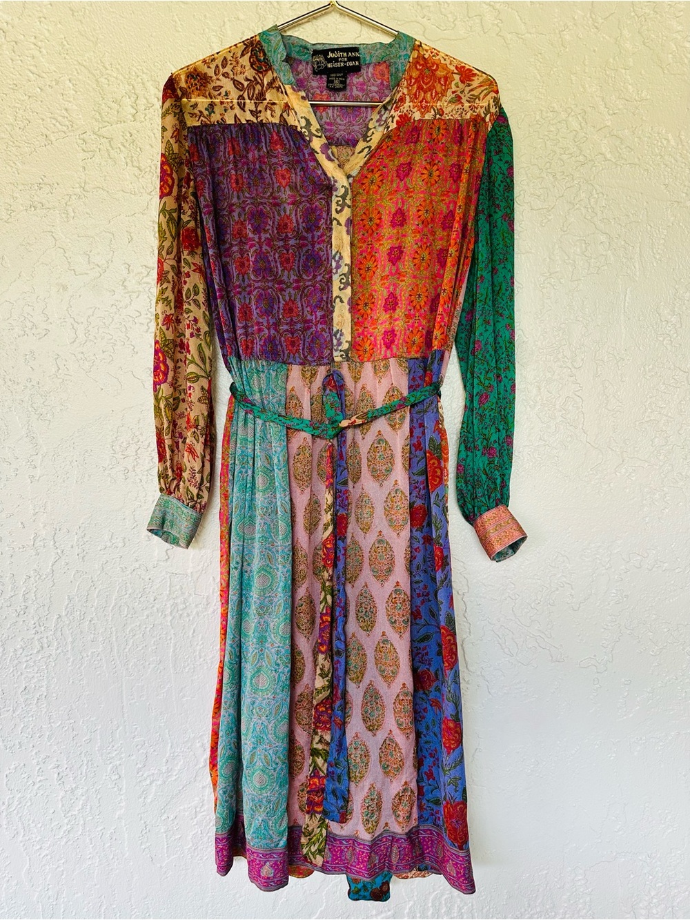 Vintage Judith Ann For Heiser-Egan 100% Silk Patchwork Boho Midi Dress Tie Waist - Picture 7 of 10